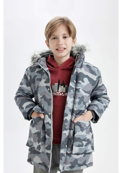 Erkek Çocuk Çıkarılabilir Suni Kürk Yaka Kapüşonlu Pelüş Astar Parka C8787A824CW