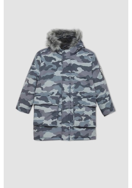 Erkek Çocuk Çıkarılabilir Suni Kürk Yaka Kapüşonlu Pelüş Astar Parka C8787A824CW