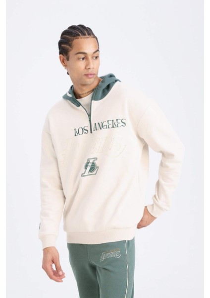 Fit NBA Los Angeles Lakers Boxy Fit Kapüşonlu Fermuarlı Kalın Sweatshirt A7227AX24WN