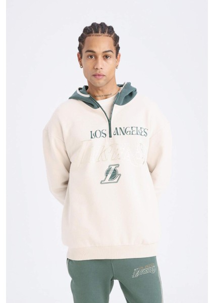Fit NBA Los Angeles Lakers Boxy Fit Kapüşonlu Fermuarlı Kalın Sweatshirt A7227AX24WN