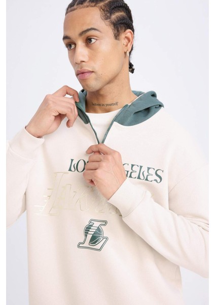 Fit NBA Los Angeles Lakers Boxy Fit Kapüşonlu Fermuarlı Kalın Sweatshirt A7227AX24WN