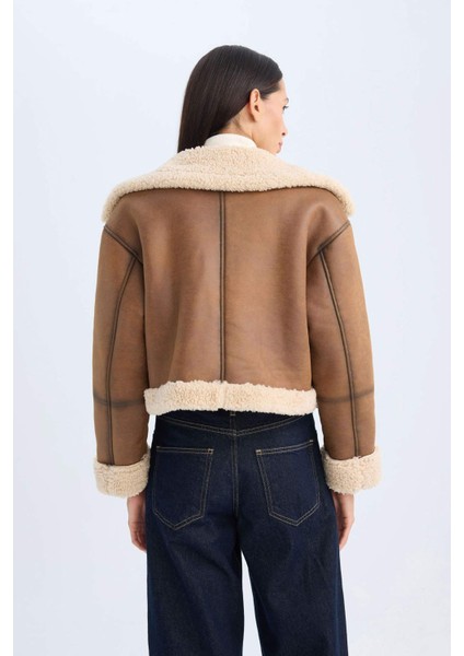 Kruvaze Yaka Fermuarlı Cepli Mevsimlik Pelüş Astarlı Ceket Mont D3993AX24WN