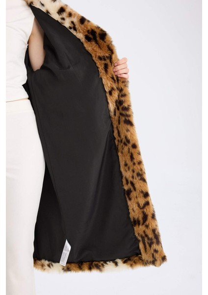 Relax Fit Leopar Desenli Ceket Yaka Cepli Uzun Suni Kürk Kaban D4005AX24WN