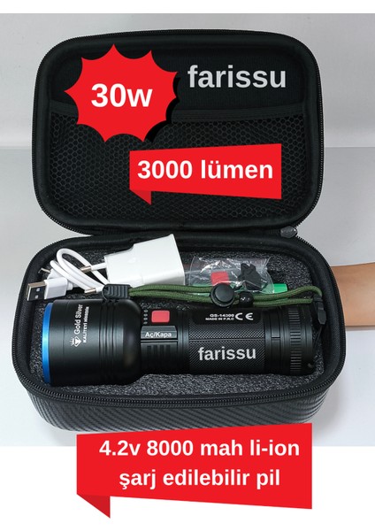 GS-14300 Şarjlı Avcı Feneri | 30W 3000 Lümen | 8000 Mah Li-Ion Batarya | Taşıma Çantalı