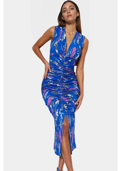 Rahat ve Şık Bodycon Midi Elbise Örme Kumaş V Yaka Büzgü Detaylar 120 cm Boy modelleri