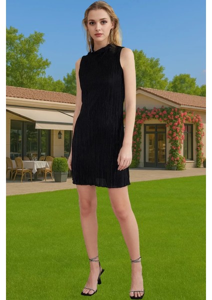 Şık Astarlı Örme Mini Elbise Dik Yaka Piliseli Polyester Abiye Özenle Seçilmiş Premium Kalite