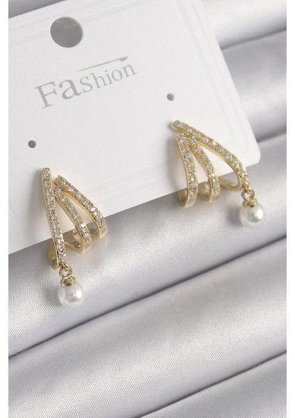 Bfs Pirinç Gold Renk Zirkon Taşlı Pençe Model Inci Detay Kadın Küpe