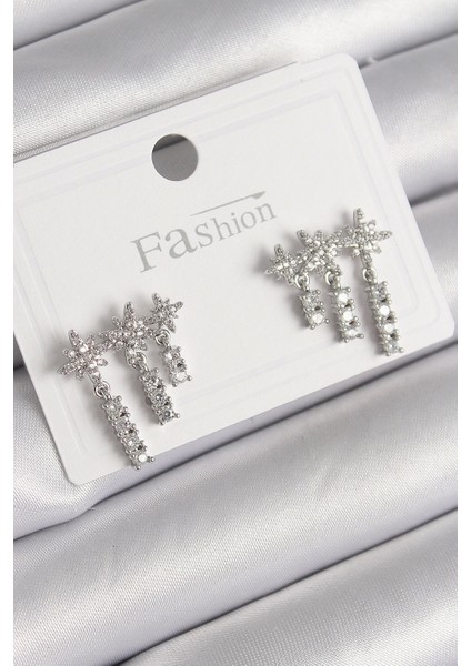 Bfs Pirinç Gümüş Renk Zirkon Taşlı 3'lü Sallantı Yıldız Model Kadın Küpe