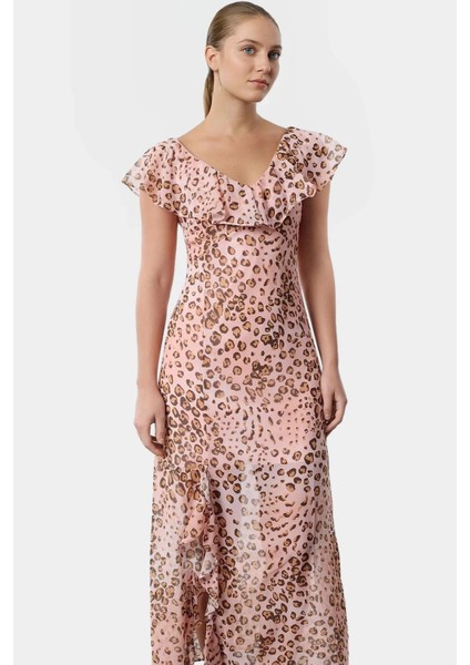 Çiçekli Astarlı Şifon Maxi Elbise Rahat A Kesim ve Kısa Kollar Zarifane Tasarım Özel