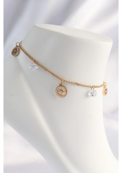 Bfs 316L Çelik Gold Renk Zirkon Taşlı Yıldızlı Halhal