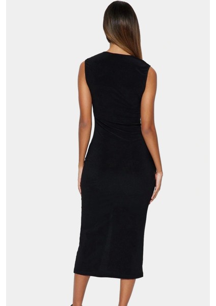 Rahat ve Şık Bodycon Midi Elbise Örme Kumaş V Yaka Büzgü Detaylar 120 cm Boy fiyatları