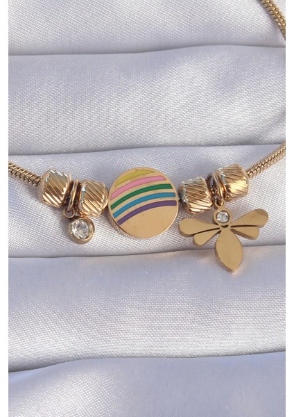 Bfs 316L Çelik Gold Renk Zirkon Taşlı Gökkuşağı Tasarımlı Yusufçuk Bileklik fiyatları