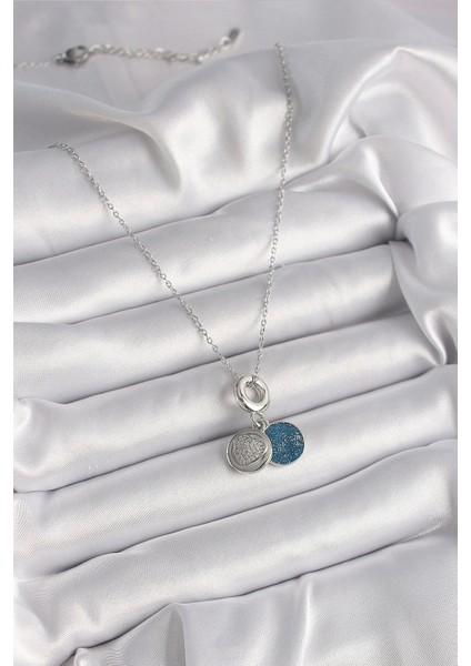 Bfs 316L Çelik Gümüş Renk Zincir Zirkon Taşlı Işleme Mavi Simli Kadın Kolye fiyatları