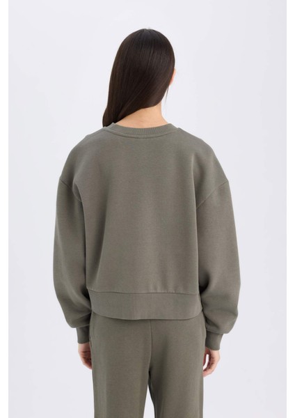 Boxy Fit Bisiklet Yaka Kalın Basic Düz Sweatshirt B8568AX24WN