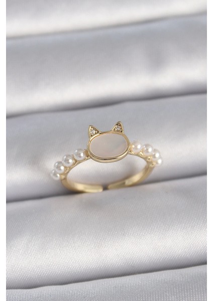 Bfs Pirinç Gold Renk Ayarlanabilir Beyaz Mineli Kedi Model Inci Detay Kadın Yüzük