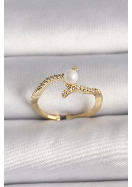 Bfs Pirinç Gold Renk Zirkon Taşlı Incili Ayarlanabilir Yüzük