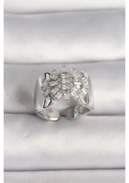 Bfs Pirinç Gümüş Renk Ayarlanabilir Baget Zirkon Taş Model Kadın Yüzük