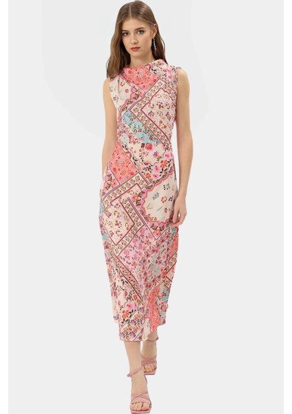 A Line Polyester Midi Elbise Degaje Yaka Krep Dokuma Astarlı Premium Kalite Modern Stil