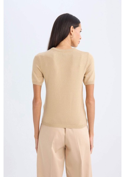 Fitted Yumuşak Dokulu Bisiklet Yaka Kısa Kollu Triko Kazak A4737AX24AU