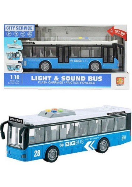 Oyuncak Otobüs Sürtmeli Sesli Işıklı Tek Katlı Otobüs 1:16 27 cm Mavi