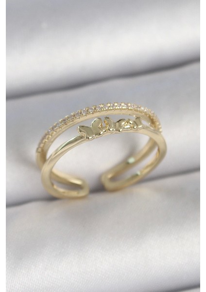 Bfs Pirinç Gold Renk 2'li Sıra Zirkon Taş Detaylı Kelebek Figürlü Ayarlanabilir Model Kadın Yüzük