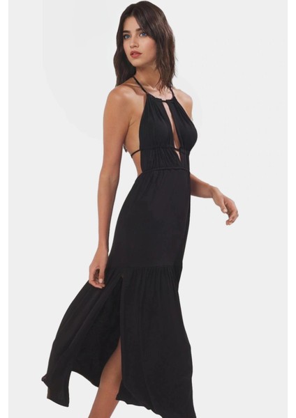 Rahat Viskoz Maxi Elbise Örme Kumaş Bisiklet Yaka Cut Out Detaylı Plaj Şıklığı Modern Stil