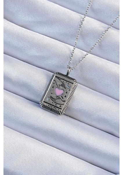 Bfs 316L Çelik Zincir Eskitme Gümüş Renk Pembe Mineli Kalp Figürlü Tarot Kolye