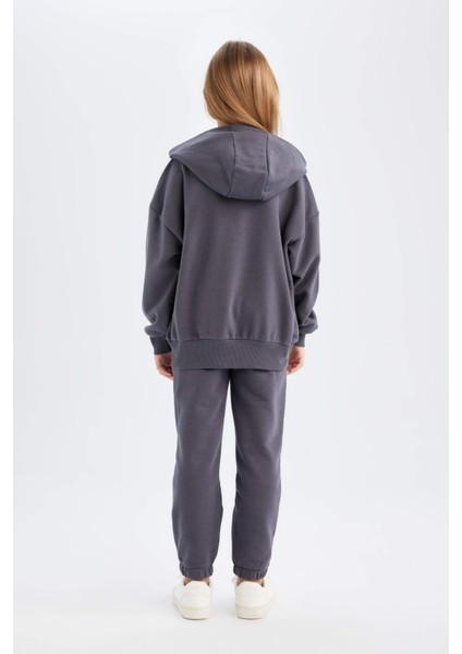 Kız Çocuk 2'li Takım Kapüşonlu Baskılı Sweatshirt Beli Lastikli Jogger Eşofman Altı D4057A824WN
