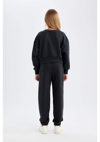 Kız Çocuk 2'li Takım Baskılı Bisiklet Yaka Sweatshirt Beli Lastikli Jogger Eşofman Altı D4054A824WN
