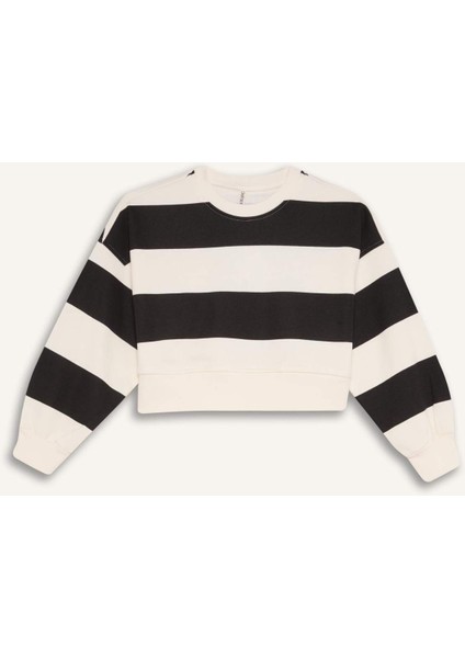 Kız Çocuk 2'li Takım Çizgili Bisiklet Yaka Sweatshirt Beli Lastikli Jogger Eşofman Altı D4091A824WN