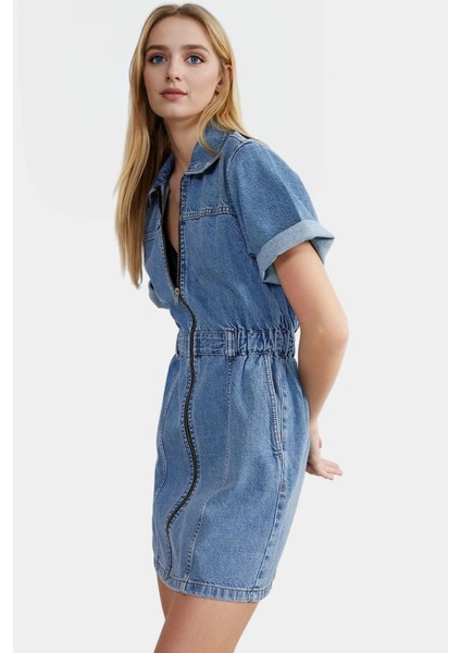 Kadın Denim Mini Elbise Fermuar Standart Kol Bodycon Kalıp Yüksek Kalite Şık Görünüm modelleri