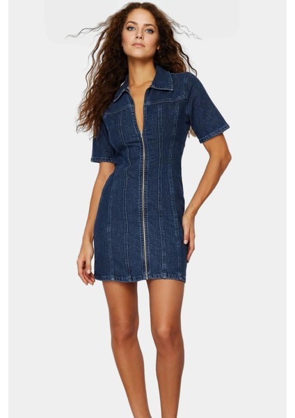 Kısa Kollu Bodycon Denim Elbise Fermuarlı Gömlek Yaka Rahat Günlük Kaliteli Işçilik Kullanım modelleri