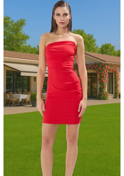 Bodycon Kısa Straplez Abiye Elbise Polyester Elastan Yazlık Profesyonel Görünüm Konforlu Kesim