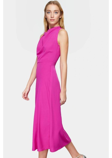 A Line Polyester Midi Elbise Degaje Yaka Krep Dokuma Astarlı Premium Kalite Modern Stil