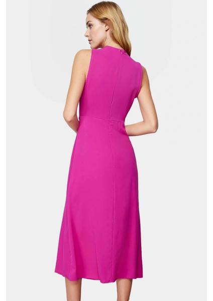 A Line Polyester Midi Elbise Degaje Yaka Krep Dokuma Astarlı Premium Kalite Modern Stil fiyatları