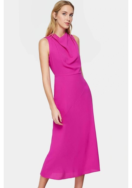 A Line Polyester Midi Elbise Degaje Yaka Krep Dokuma Astarlı Premium Kalite Modern Stil modelleri