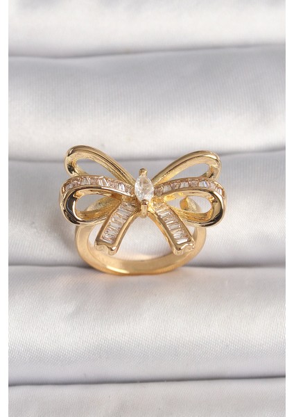 Bfs Pirinç Gold Renk Ayarlanabilir Zirkon Taşlı Kurdele Model Kadın Yüzük