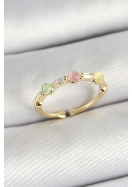 Bfs Pirinç Sıralı Boncuk Figürlü Zirkon Taşlı Gold Renk Ayarlanabilir Kadın Yüzük