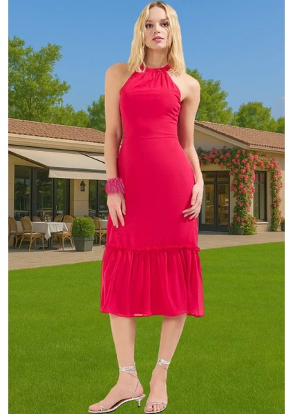 Halter Yaka Astarlı Dokuma Midi Elbise A Kesim Çiçek Desenli Şık Uzun Ömürlü Uzun Ömürlü Uzun Ömürlü