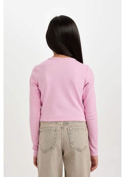 Kız Çocuk Slim Fit Dar Kesim Bisiklet Yaka Fitilli Kaşkorse Uzun Kollu Tişört D0705A824AU