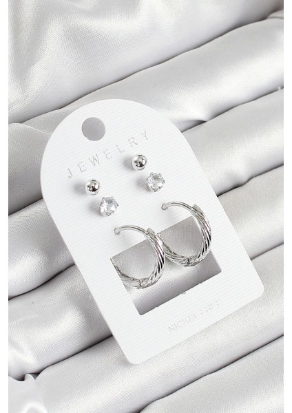 Bfs Pirinç Zirkon Taş ve Halka Figürlü Gümüş Renk 3'lü Çift Kadın Küpe Set