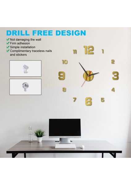 3D Kendin Yap Aydınlık Kadran Matkapsız Akrilik Çerçevesiz Sessiz Duvar Saati Sayı Etiketleri ile Oturma Odası Ofis Yatak Odası Modern Ev Dekorasyonu Altın 40CM (Yurt Dışından)