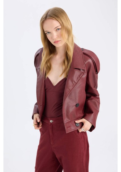 Oversize Geniş Kalıp Smokin Yaka Apoletli Suni Deri Ceket Mont D3753AX24AU