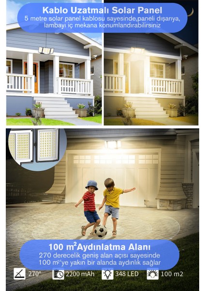 348 LED Solar Bahçe Aydınlatması – Kumandalı, Sarı Işık, 3 Modlu, 5m Panel Kablosu fiyatları