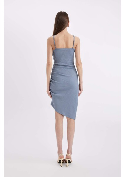 Bodycon Vücudu Saran V Yaka Drapeli Bürümcük Askılı Midi Abiye Elbise A8880AX24HS