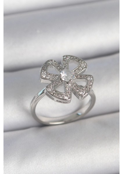 Bfs Pirinç Gümüş Renk Zirkon Taşlı Yonca Model Ayarlanabilir Kadın Yüzük