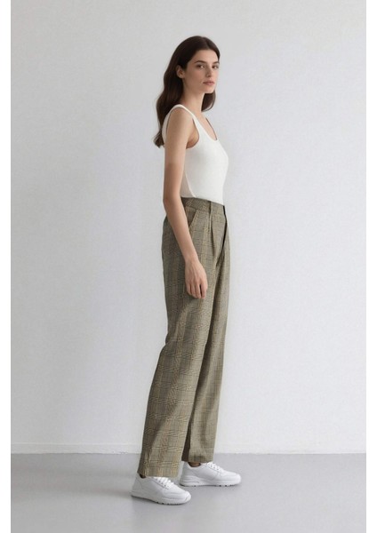 Wide Leg Klasik Kumaş Pantolon Geniş Bol Paça Kareli Çift Cepli Yüksek Bel Piliseli Standart Boy D4439AX24AU