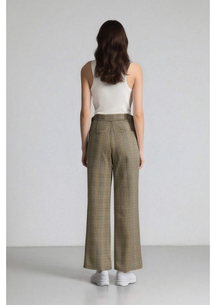 Wide Leg Klasik Kumaş Pantolon Geniş Bol Paça Kareli Çift Cepli Yüksek Bel Piliseli Standart Boy D4439AX24AU