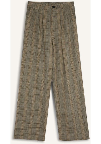Wide Leg Klasik Kumaş Pantolon Geniş Bol Paça Kareli Çift Cepli Yüksek Bel Piliseli Standart Boy D4439AX24AU