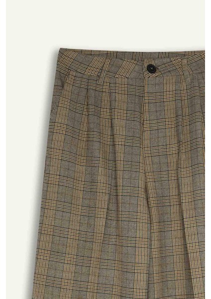 Wide Leg Klasik Kumaş Pantolon Geniş Bol Paça Kareli Çift Cepli Yüksek Bel Piliseli Standart Boy D4439AX24AU